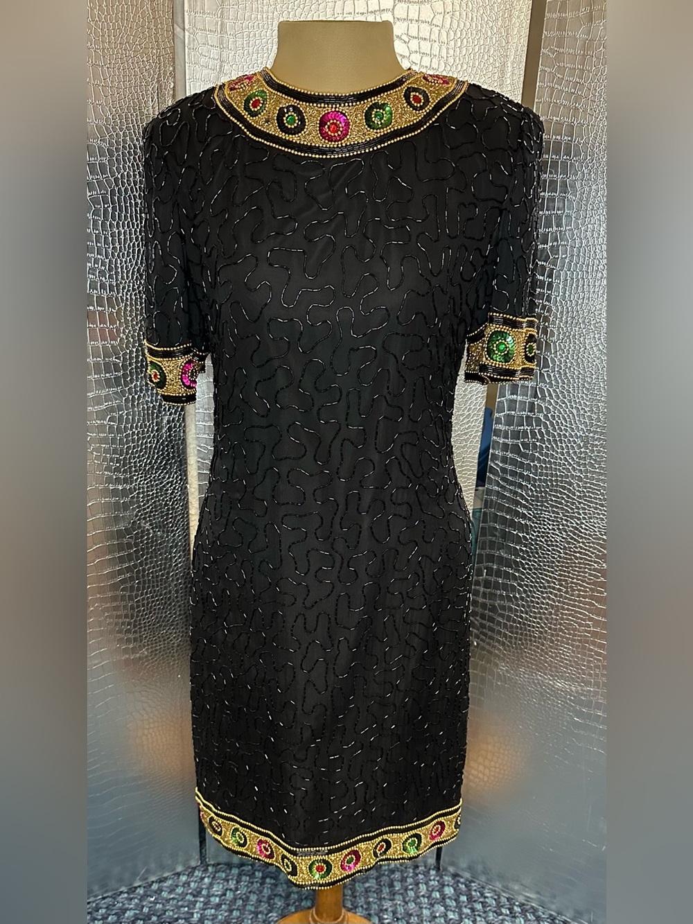 Laurence Kazar Vintage Black Midi Dress with Gold and Multicolor Beaded Trim